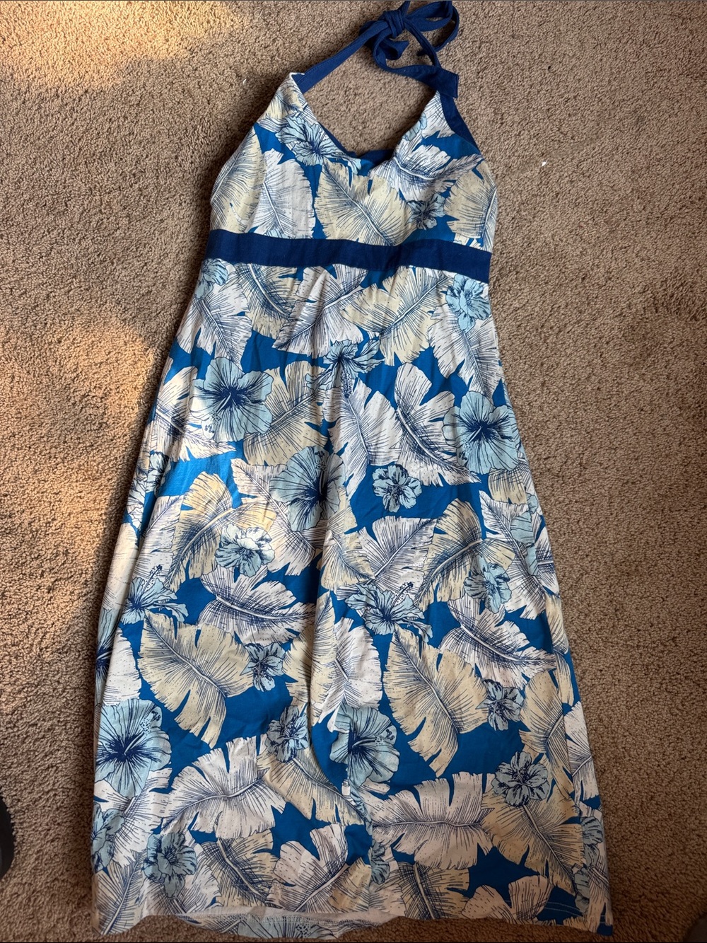 Patagonia Blue and Cream Floral Halter Maxi Dress